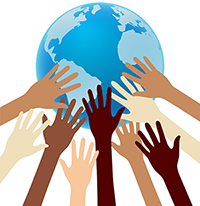 graphic image of many diverse hands supporting the earth