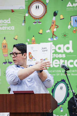 Juana Medina reads her book Juana and Lucas to students.