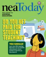 NEA Aspiring Educator fall 2024 issue cover green background with illustration of a person and headline do you get paid for student teaching?