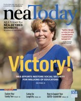 Cover of the print NEA Retired January 2025 magazine featuring a retired white female teacher