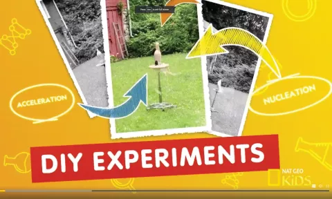 Screen shot of National Geographic Kids website with word "DIY Experiments" and arrows pointing to a picture of a homemade science experiment.