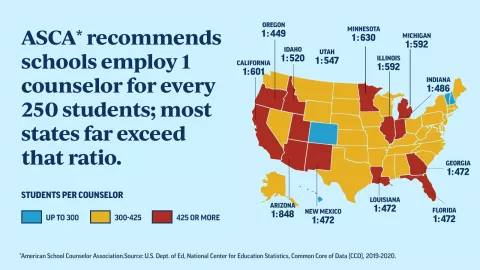 US map showing ratios of school counselors to students