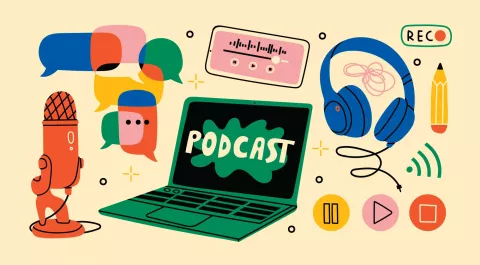 Graphic image with depictions of microphones, headphones, laptop, talk bubbles, and audio symbols.