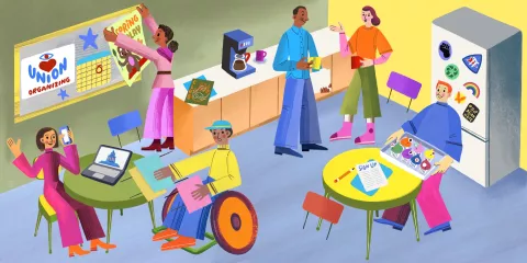 Illustration of changemakers in a school breakroom, performing various activities.