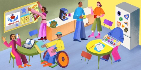 Illustration of changemakers in a school breakroom, performing various activities.