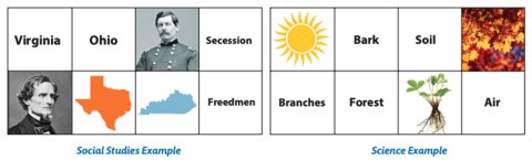 Two 2x4 grids with related words and image that demonstrated sorting One example uses the Civil War. The other uses life science.