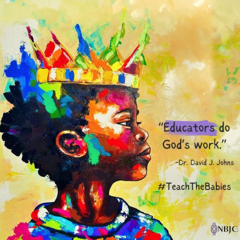 illustration of a black child wearing a multicolored crown with a quote that says Educators do God's work