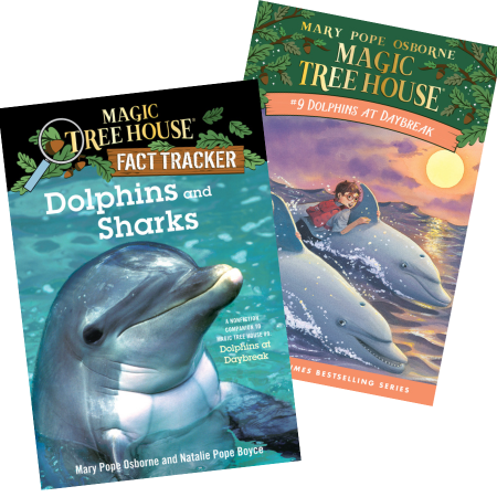 Two magic treehouse book covers for dolphins and sharks and for Dolphins at Daybreak