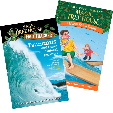 Covers of two magic treehouse books on Tsunamis and Hawaii