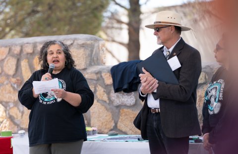 Amy Garcia speaking on NMSU campus