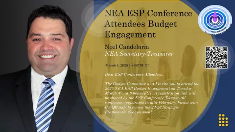 Flyer titled, "NEA ESP Conference Attendees Budget Engagement" inviting ESP conference attendees to a meeting on Tuesday, March 4th at 8:00 p.m. eastern time. 