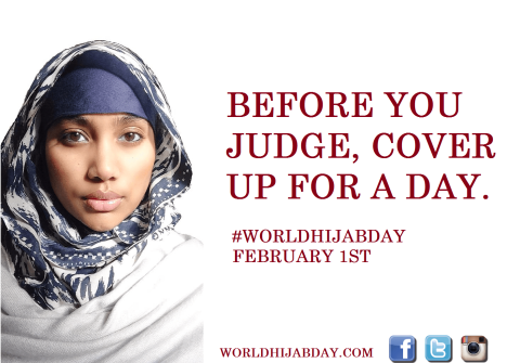 Poster that says: Before you judge, cover up for a day